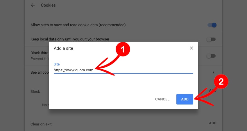adding site to block cookies in chrome