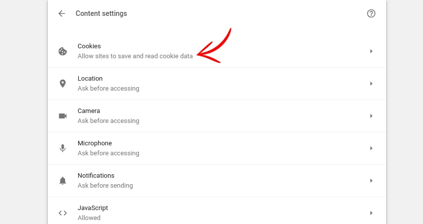 cookies inside content settings in chrome